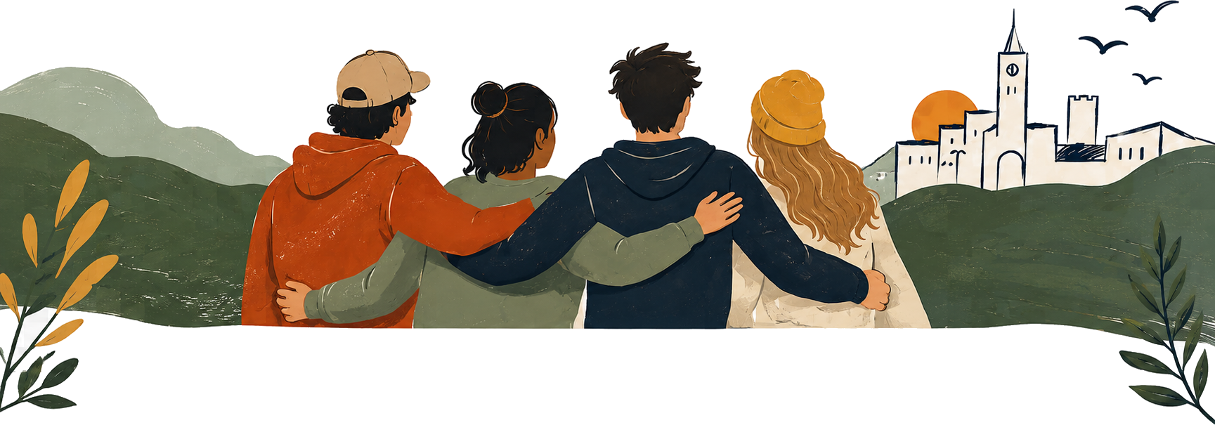 Illustration of a group of people looking across green hills toward a church.