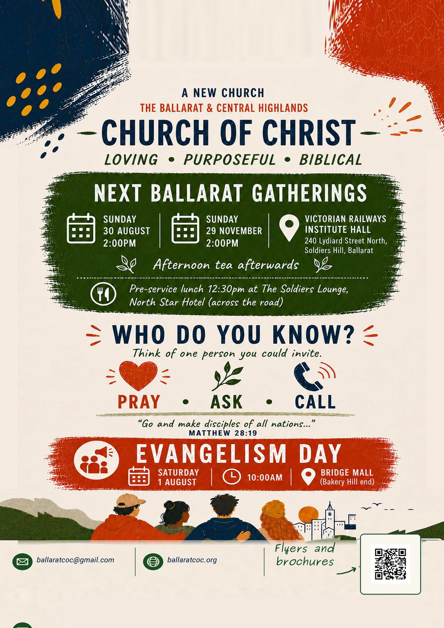Invitation and evangelism flyer for the next Ballarat gatherings.